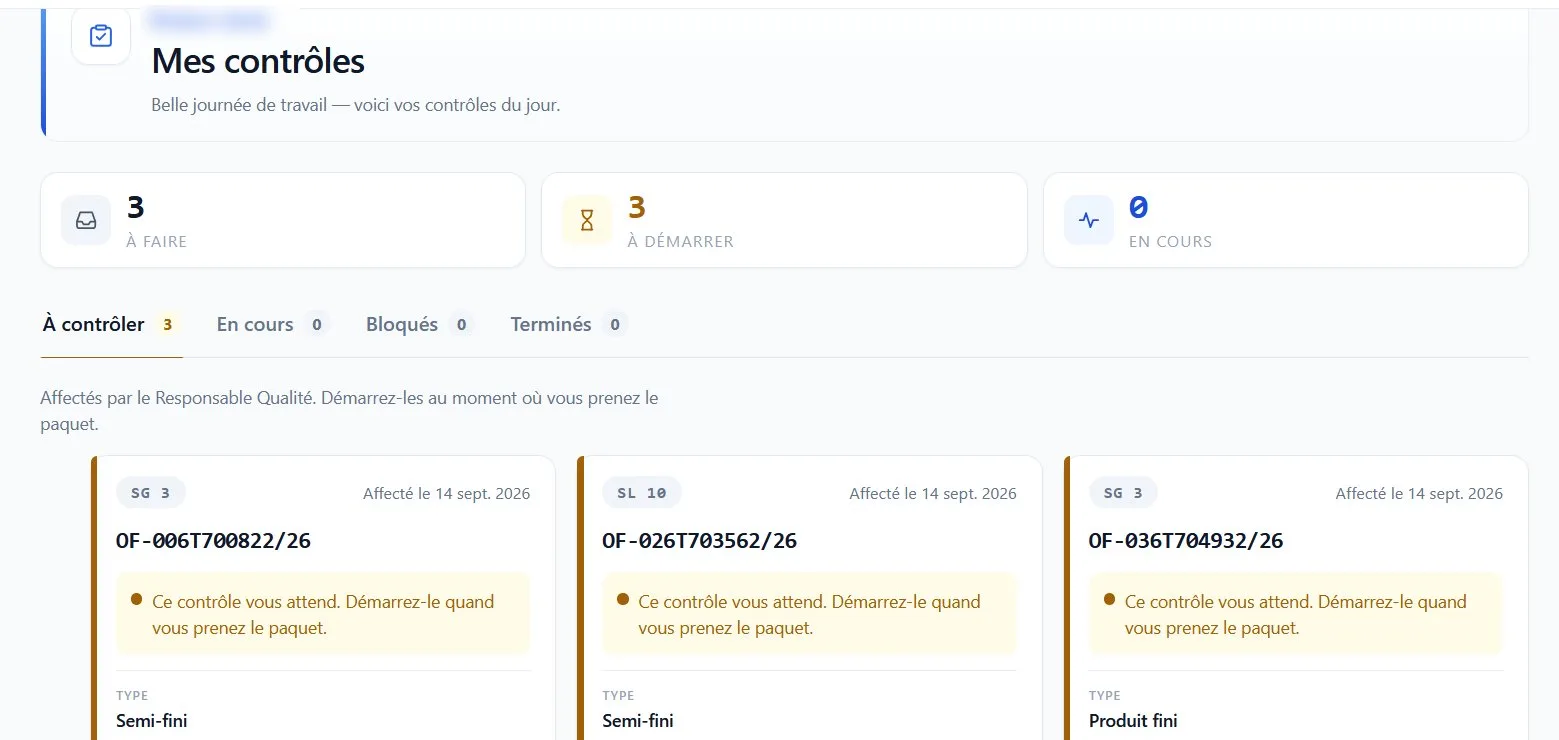 Écran « Mes contrôles » de l'application Qualité En Cours